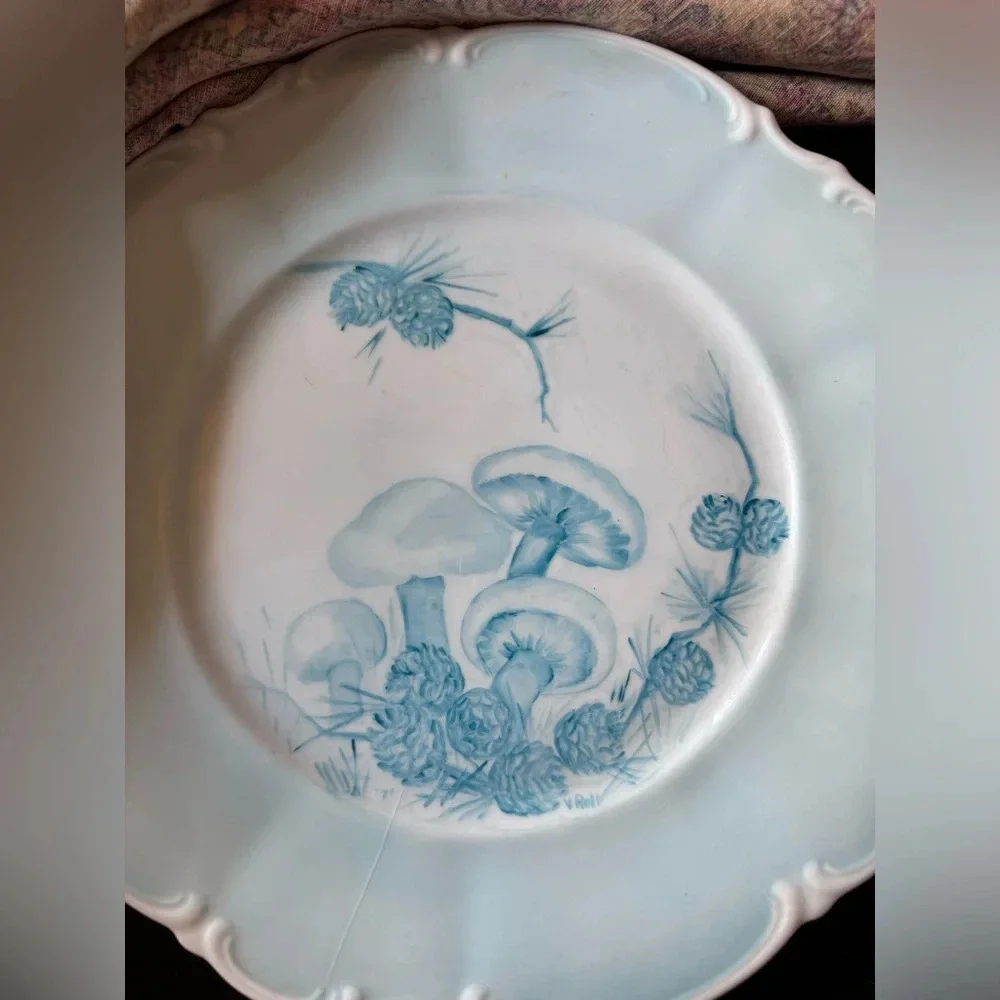 3 vintage hand painted whimsical mushroom dinner plates 10 inch blue Germany